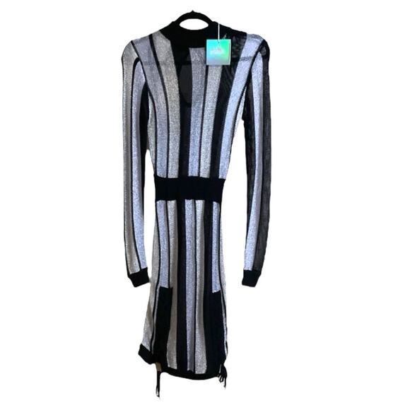 Missguided Black Silver Striped Sweater Knit Dress Sz S Sheer Mini Bodycon Party - Picture 5 of 16